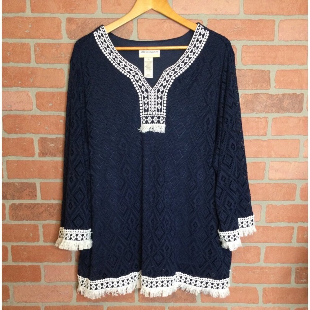 Alfred Dunner Womens Navy Lace Bohemian Top With Fringe Detail Size 3X